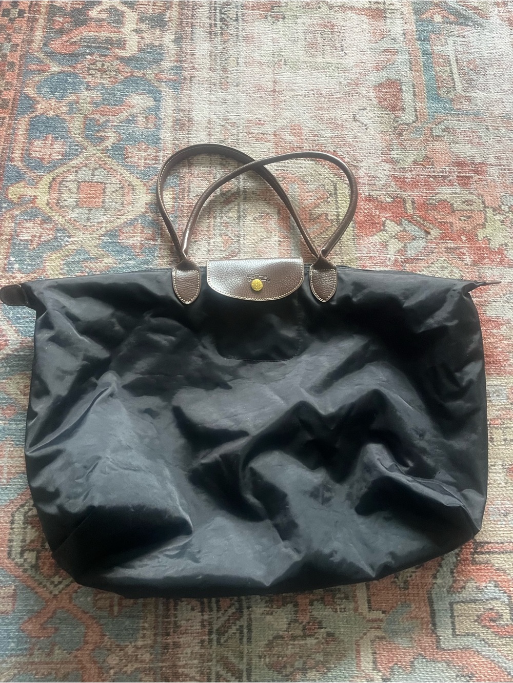 Not Authentic Longchamp Black Nylon Tote with Brown Trim
